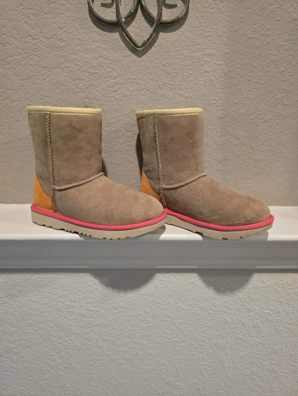 Ugg Kids Suede Shearling Boot - Tan with Pink Trim